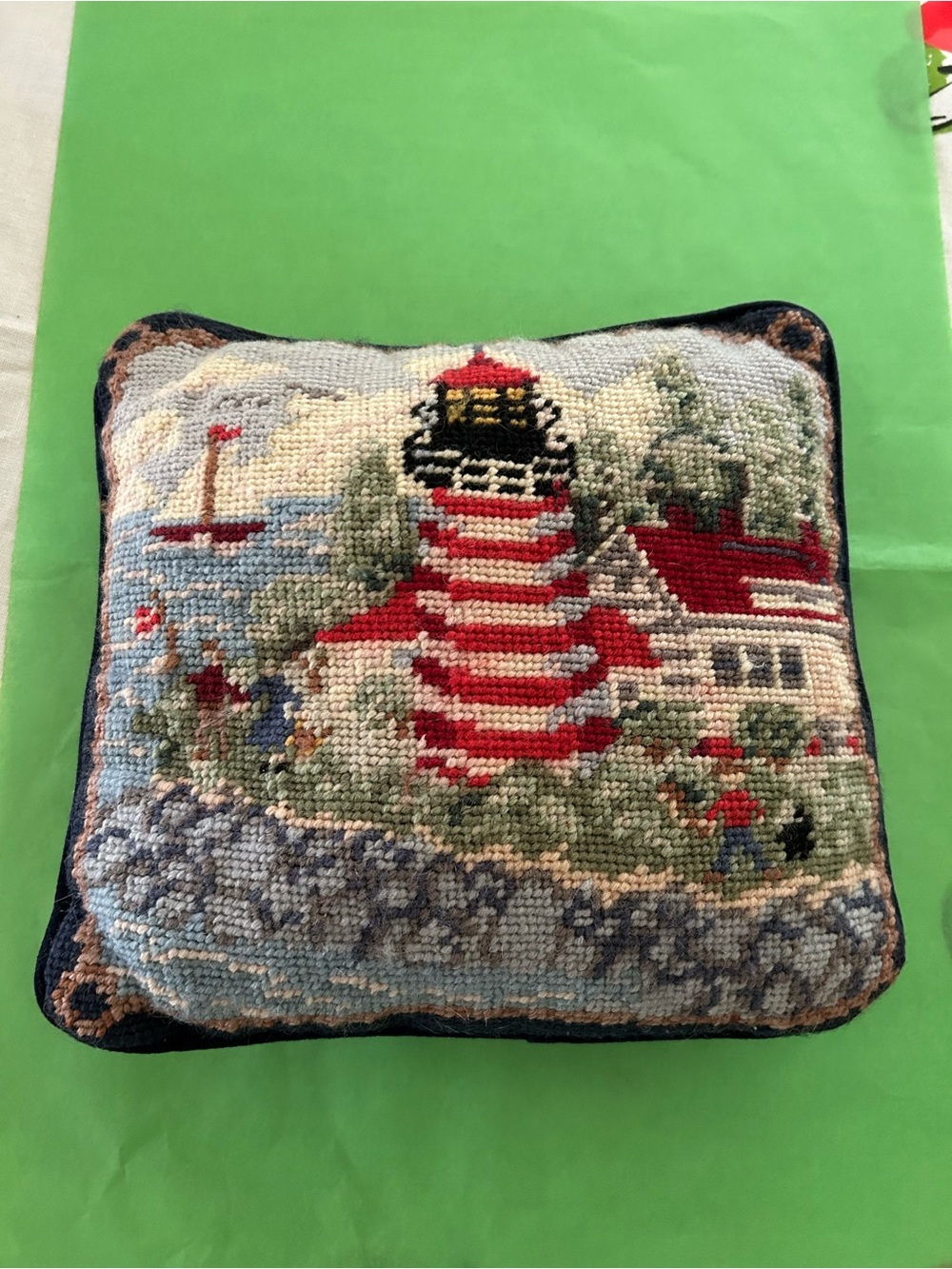 Green & Red Lighthouse Needlepoint Accent Pillow - Unbranded
